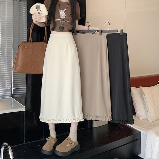 Midi A-Line Slit Trim Plain Rise High Ruffle Skirt
