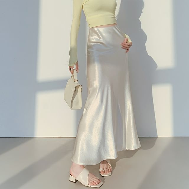 High Plain Skirt Waist A-Line Midi Satin