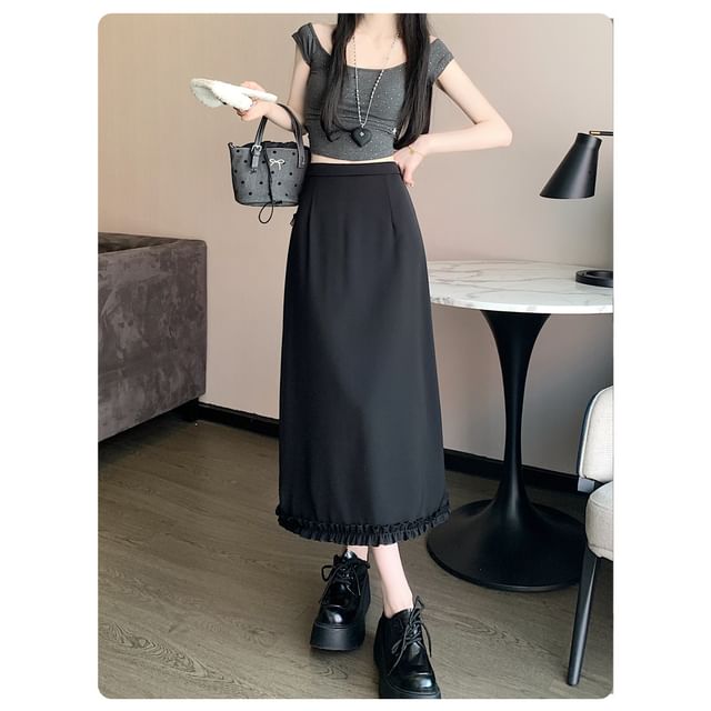 Midi A-Line Slit Trim Plain Rise High Ruffle Skirt