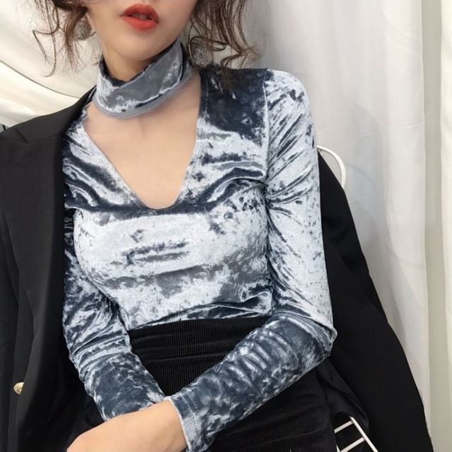 Long-Sleeve Neck Panel Mesh Top Velvet Mock