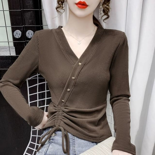 Plain V-Neck Asymmetrical Top Long-Sleeve Crop