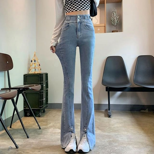 High Waist Jeans Flared Hem Slit