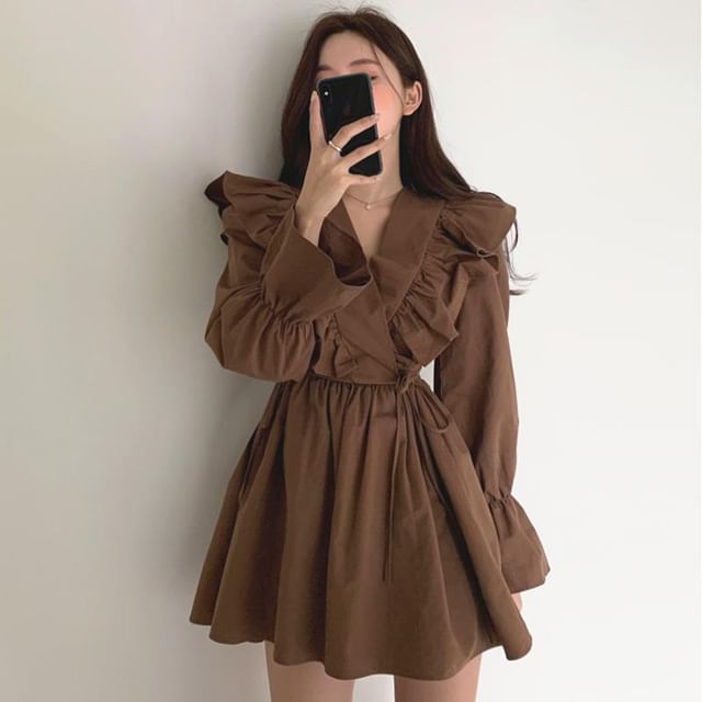 A-Line Plain Long-Sleeve V-Neck Mini Dress Collared