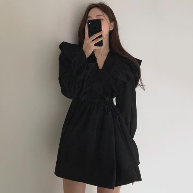 A-Line Plain Long-Sleeve V-Neck Mini Dress Collared