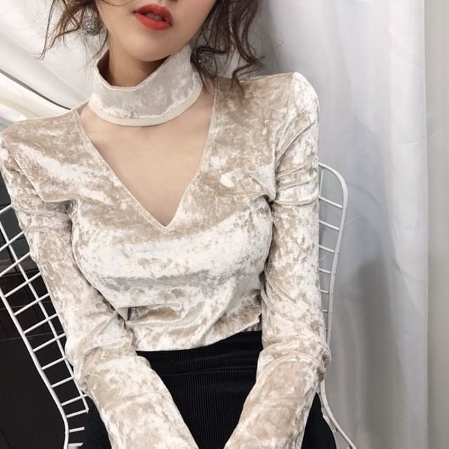 Long-Sleeve Neck Panel Mesh Top Velvet Mock