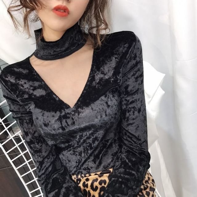 Long-Sleeve Neck Panel Mesh Top Velvet Mock