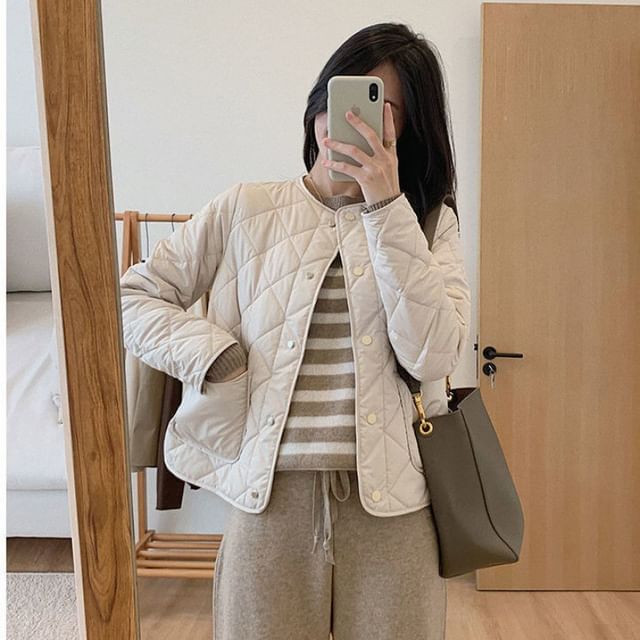 V-Neck Quilted Jacket Button-Up