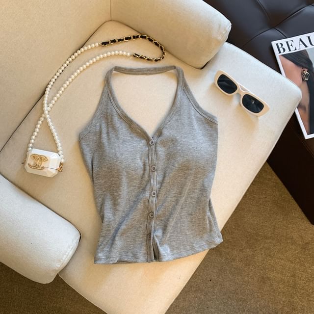 Plain Halter V-Neck Top Button-Up