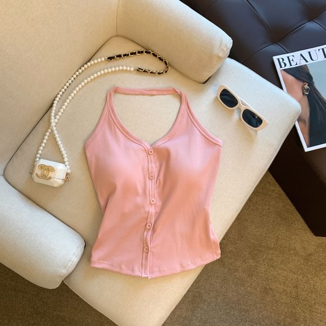 Plain Halter V-Neck Top Button-Up