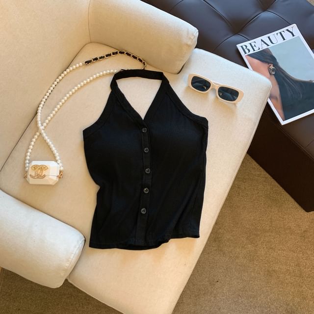 Plain Halter V-Neck Top Button-Up