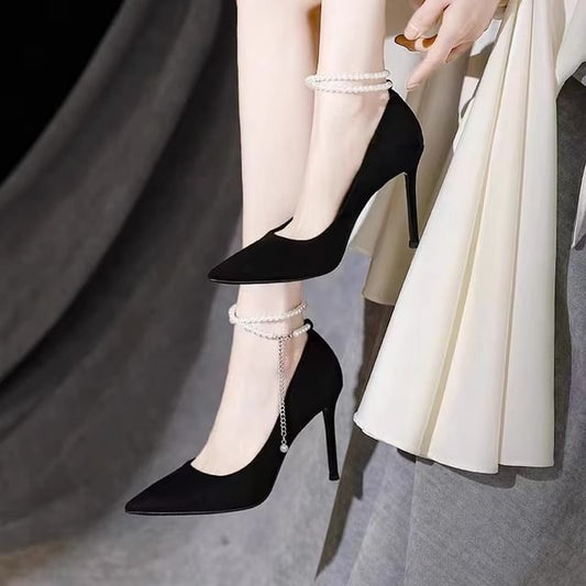 Pumps Strap Pointy Pearl Heel Faux Stiletto