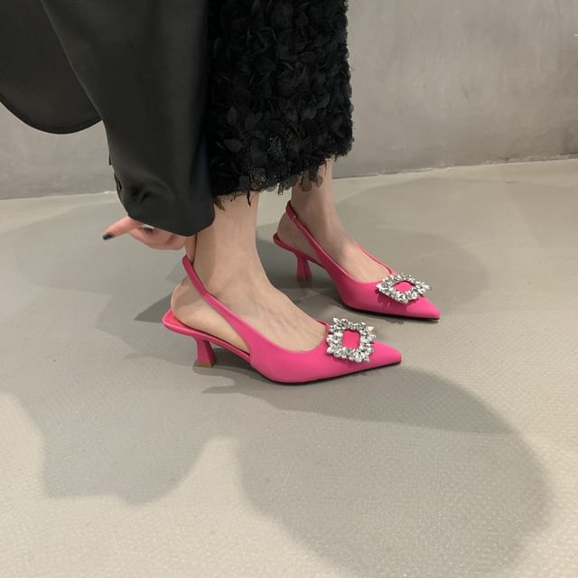 Sandals Low Buckle Slingback Rhinestone Heel