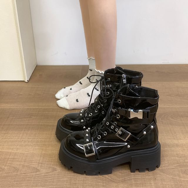 Lace Platform Up Buckled Studded Boots Leather Patent