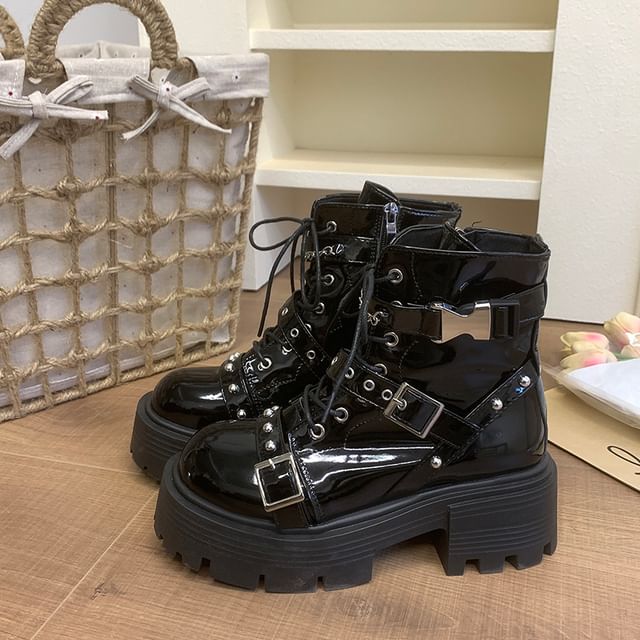 Lace Platform Up Buckled Studded Boots Leather Patent