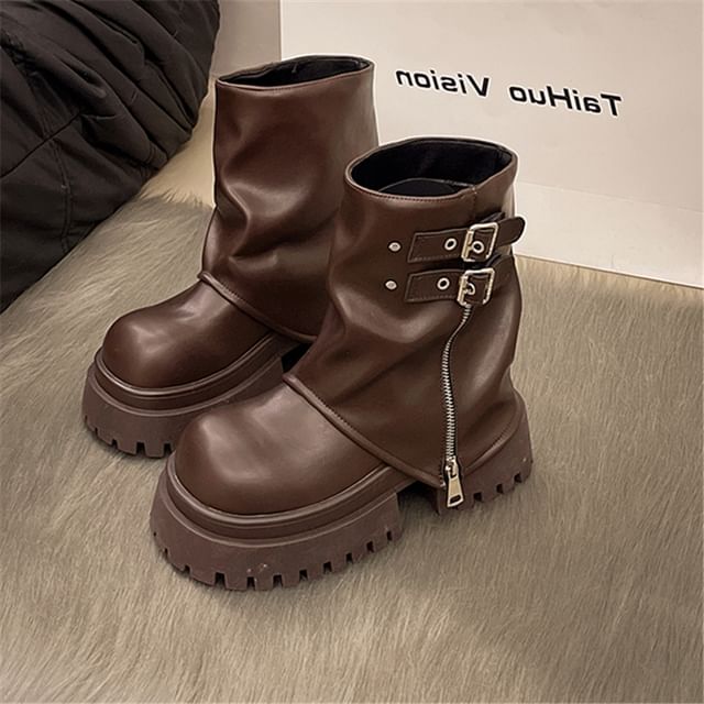 Boots Buckled Short Panel Zip Platform