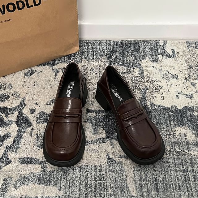 Block Faux Leather Loafers Heel