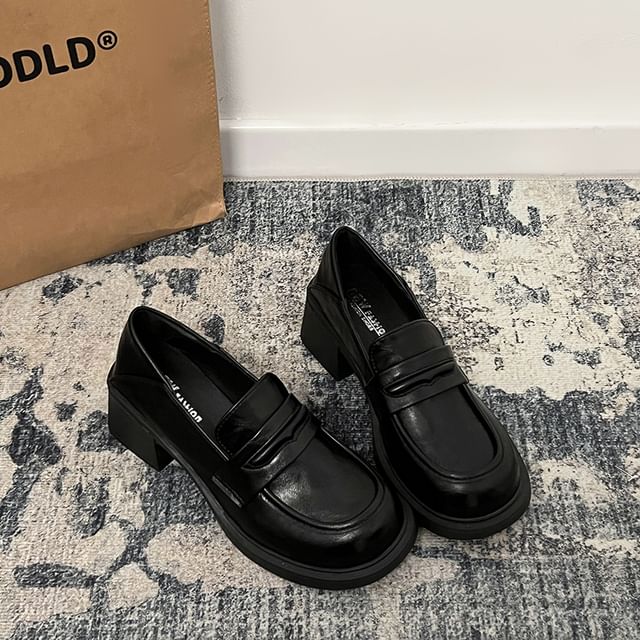 Block Faux Leather Loafers Heel