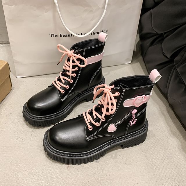 Boots Buckled Up Short Platform Lace Panel