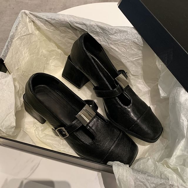 Cap Block Toe Pumps T-Strap Square Heel