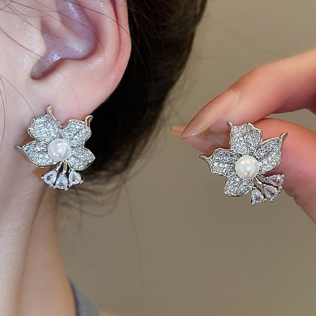 Pearl Faux Earring CZ Stud Flower