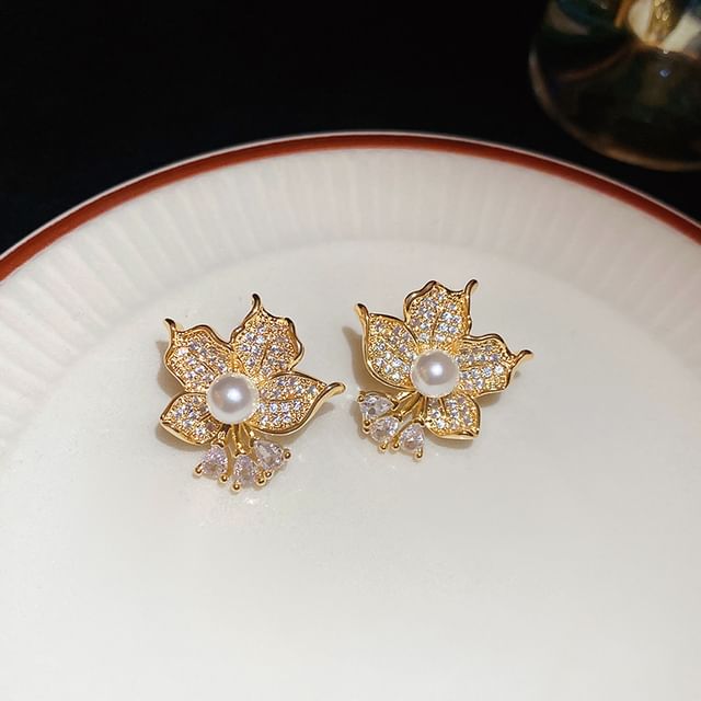 Pearl Faux Earring CZ Stud Flower