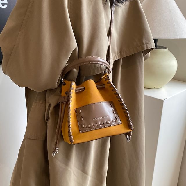 Faux Bucket Leather Bag Drawstring Applique