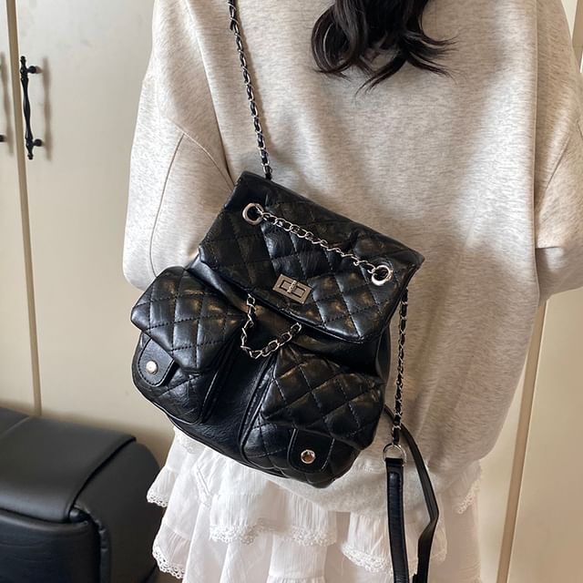 Quilted Strap Faux Leather Chain Backpack