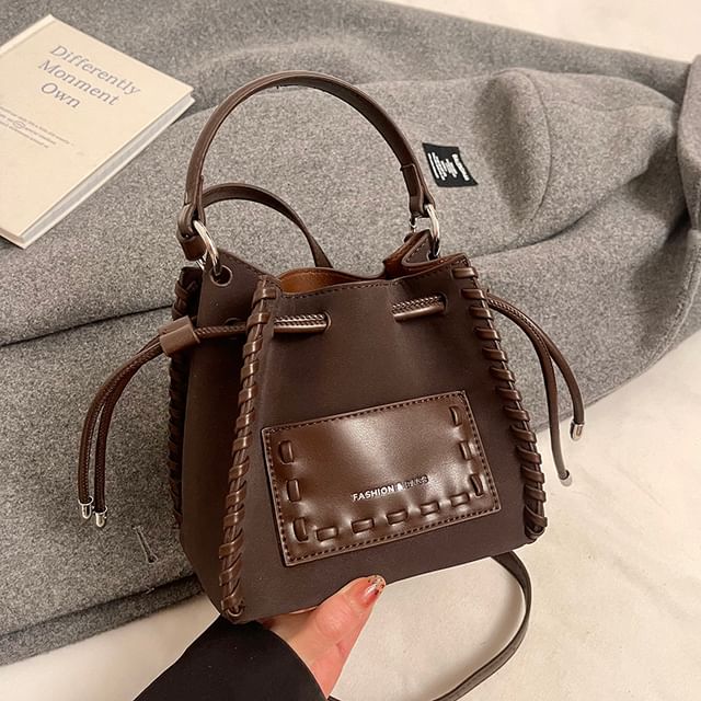 Faux Bucket Leather Bag Drawstring Applique