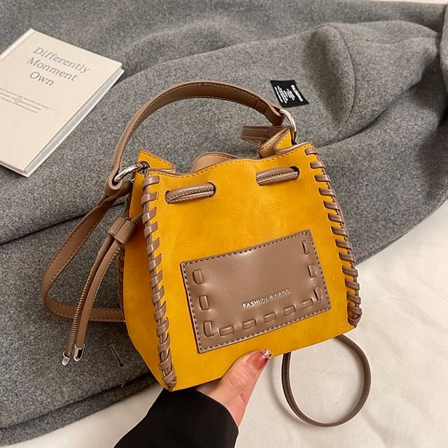 Faux Bucket Leather Bag Drawstring Applique