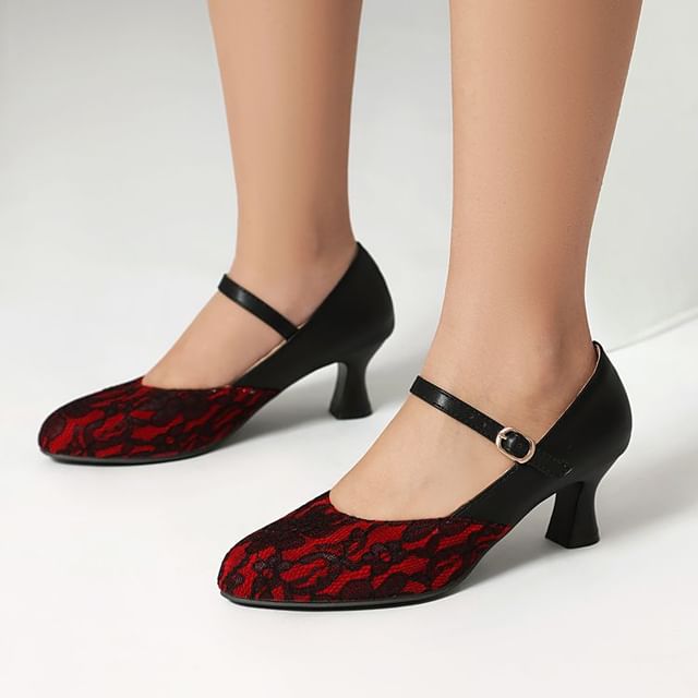 Mary Jane Panel Lace Heel High Pumps Buckled