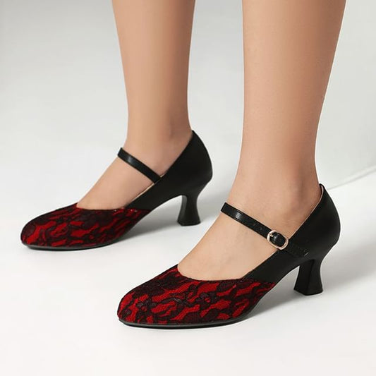 Mary Jane Panel Lace Heel High Pumps Buckled