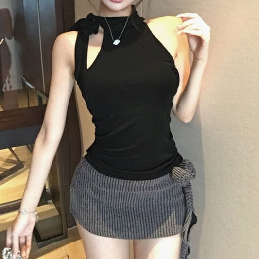 Waist Flower Neck Mock Mini Skirt Top Halter Plain Pencil Low / Detail