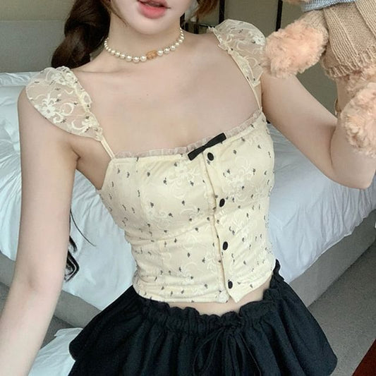 Floral Camisole Cropped Lace Bow Top