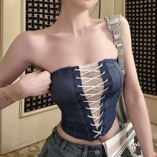 Lace-Up Top Panel Tube Denim Lace Striped