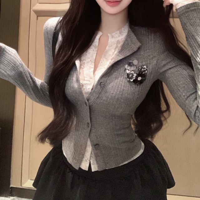 Fit Two-Piece Ribbed Trim Cardigan Lace Slim Mock Plain