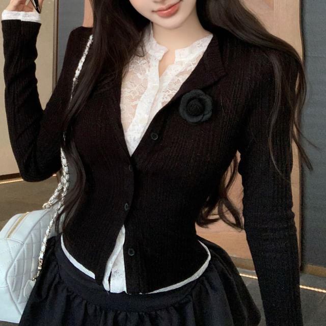 Fit Two-Piece Ribbed Trim Cardigan Lace Slim Mock Plain