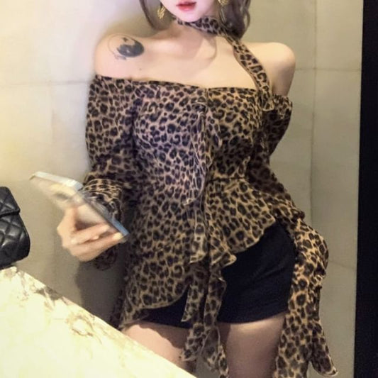 Print Blouse Long-Sleeve Choker-Neck Leopard Asymmetrical Ruffled