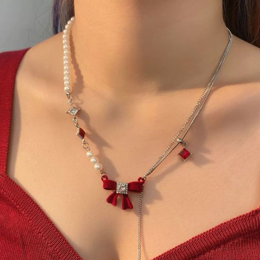 Necklace Pearl Lariat Rhinestone Bow Faux