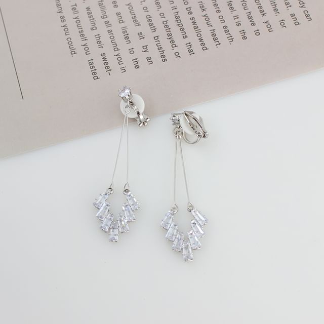 Earring Clip Drop On Geometric Rhinestone /