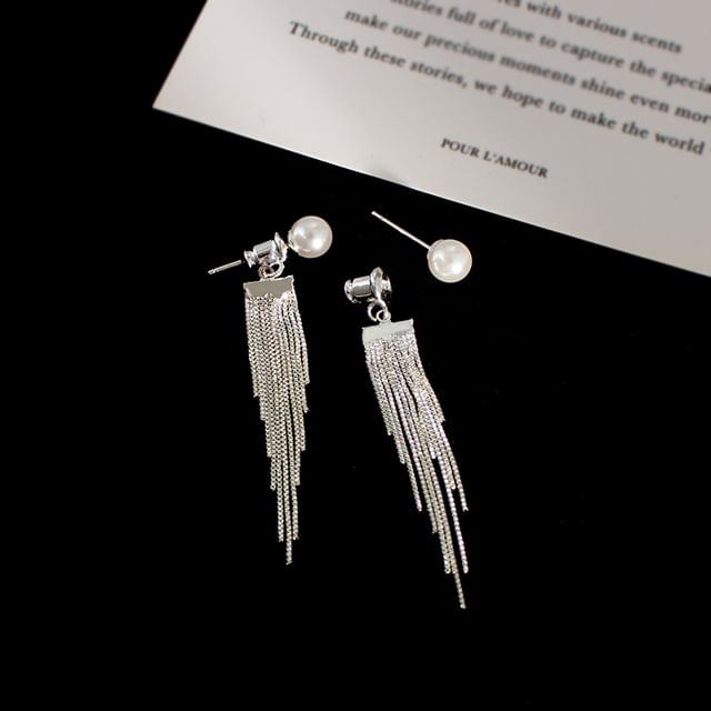 Faux Pearl Fringe Clip Earring On Drop /