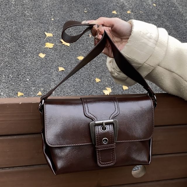 Faux Buckled Leather Plain Flap Bag Crossbody