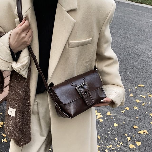 Faux Buckled Leather Plain Flap Bag Crossbody