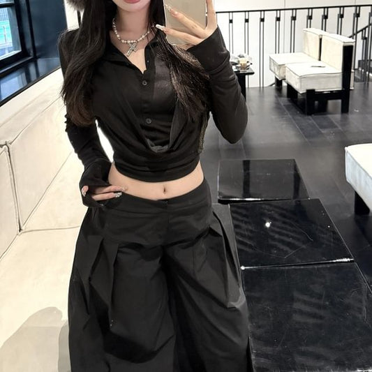 Tee Inverted Leg Low Cropped Pants Wide Plain Collar Rise Long-Sleeve / Pleated
