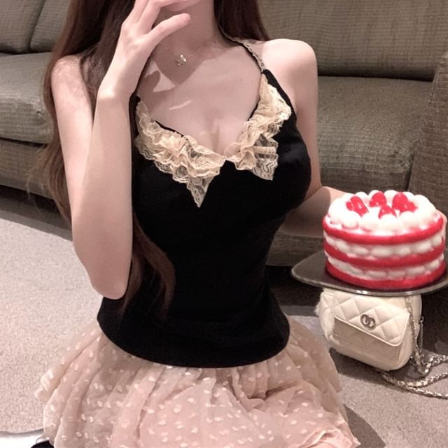 Lace Neck Asymmetrical A-Line Rise Mid Mini Dotted Trim Skirt Scoop Halter / Plain Top