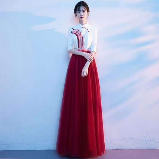 Short-Sleeve Stand Collar Two Tone A-Line Evening Gown