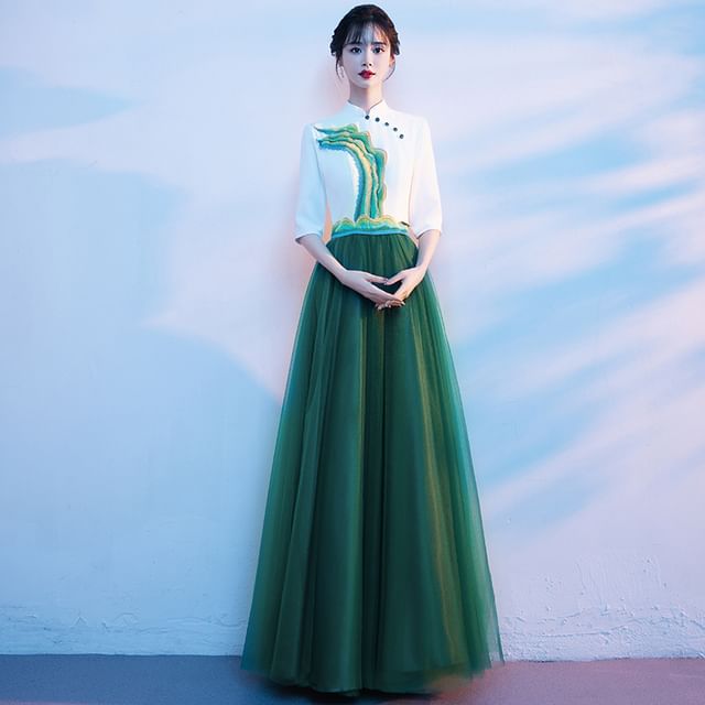 Short-Sleeve Stand Collar Two Tone A-Line Evening Gown