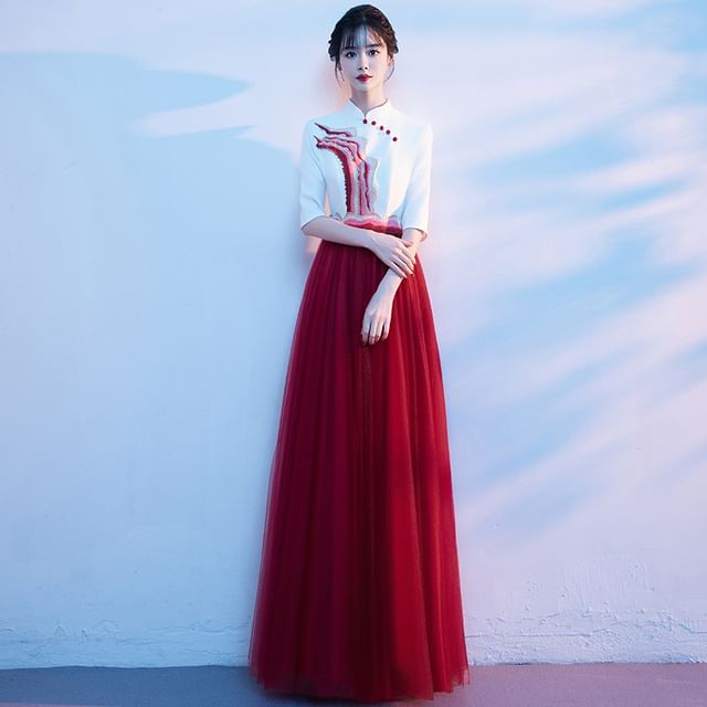 Short-Sleeve Stand Collar Two Tone A-Line Evening Gown