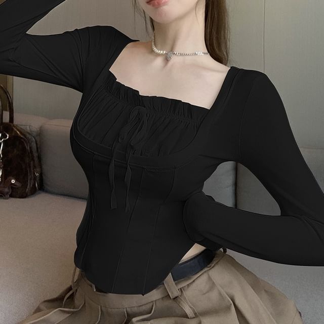 Square-Neck Plain Shirred Top Crop Long-Sleeve