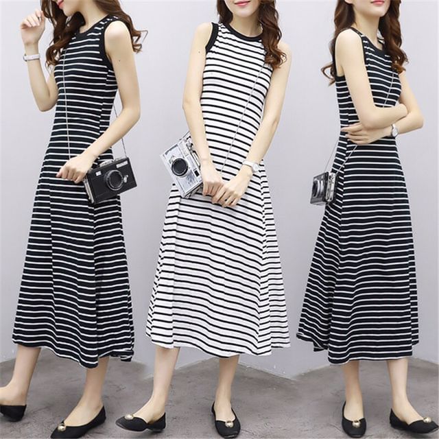 Crew Dress A-Line Striped Neck Midi Tank