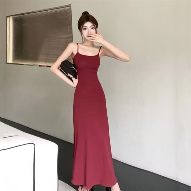 Neck Spaghetti Plain Midi Strap Dress Bodycon Scoop